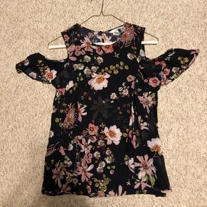 Navy w/blush floral cold shoulder blouse.